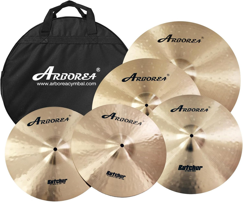 Arborea B20 Bronze Alloy Cymbal Set Butcher Series 5pcs 14'Hihats 16'Crash 18' Crash 20' Ride, Handcrafted for Professional Drummers, Rich Tone & Durable Performance