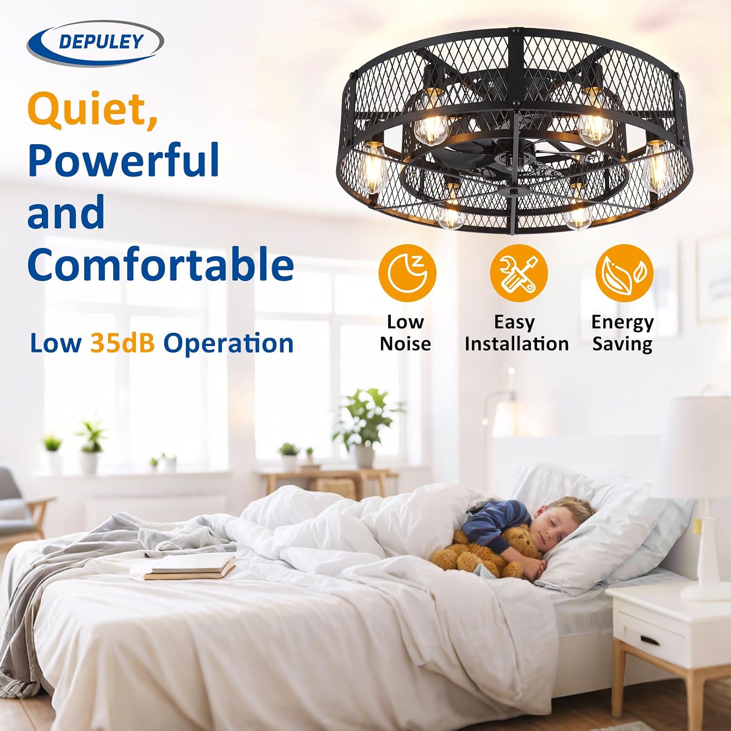 Depuley Low Profile Ceiling Fan: 26' Flush Mount Ceiling Fan Lights Reversible - Industrial Caged Ceiling Fans Light Fixture 6 Speeds for Bedroom Kitchen Black E26 Base Bulbs Not Included