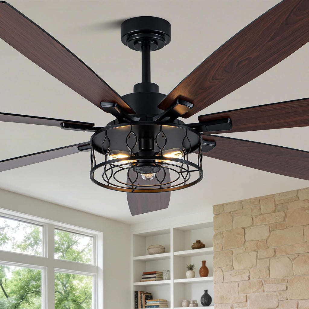 72 Inch Ceiling Fan with Lights Farmhouse Ceiling Fan with Lights Black Caged Fandelier Rustic Industrial Chandelier for Living Room Indoor Outdoor, Reversible DC Motor 6 Speeds