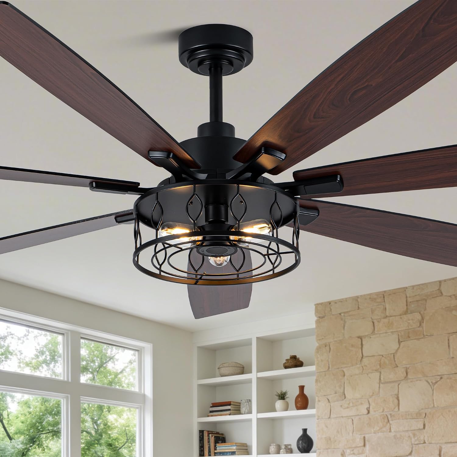 72 Inch Ceiling Fan with Lights Farmhouse Ceiling Fan with Lights Black Caged Fandelier Rustic Industrial Chandelier for Living Room Indoor Outdoor, Reversible DC Motor 6 Speeds