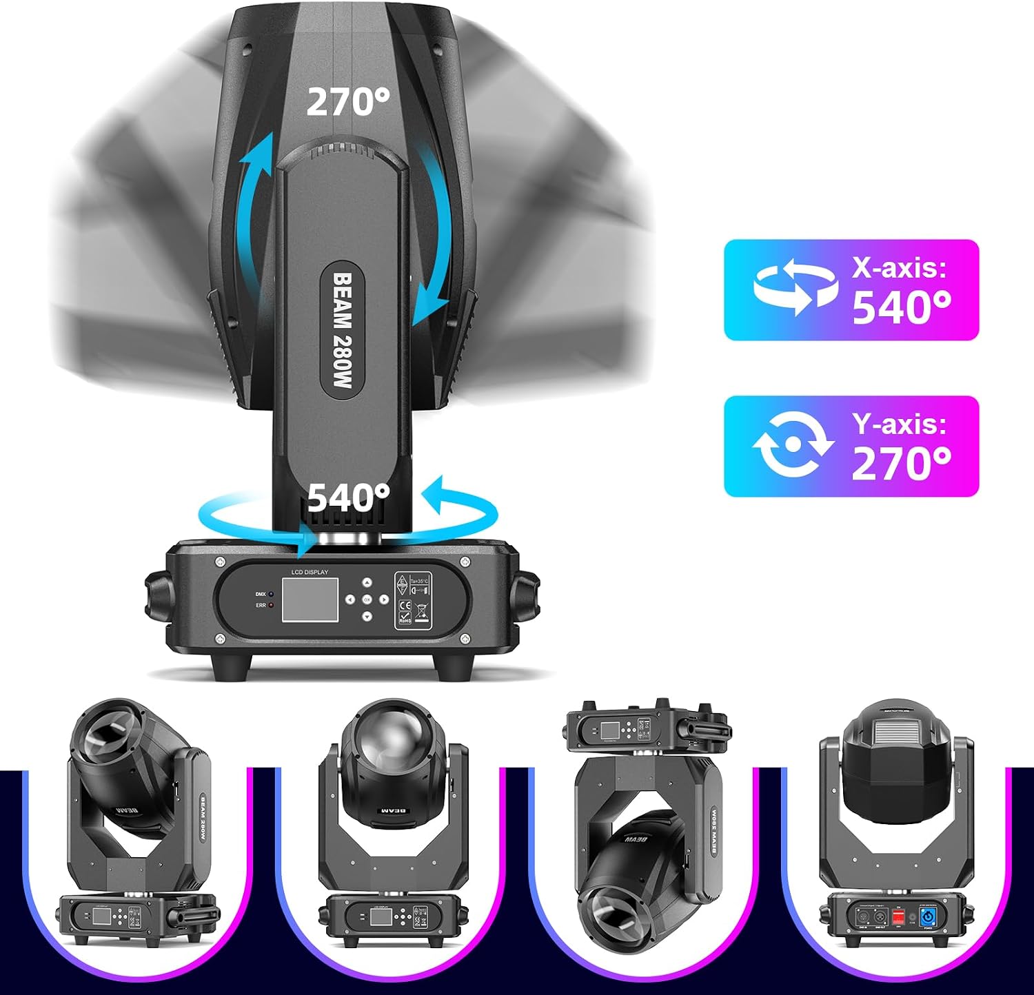 Moving Head Light 280W 10R WZYBUTA LED Beam Stage Lights DJ Lights 17 Gobos 15 Colors DMX512 Prism Rainbow Effect Spotlights Sound Activtaed for Bar Disco Wedding Concert Lighting (8 Pack)
