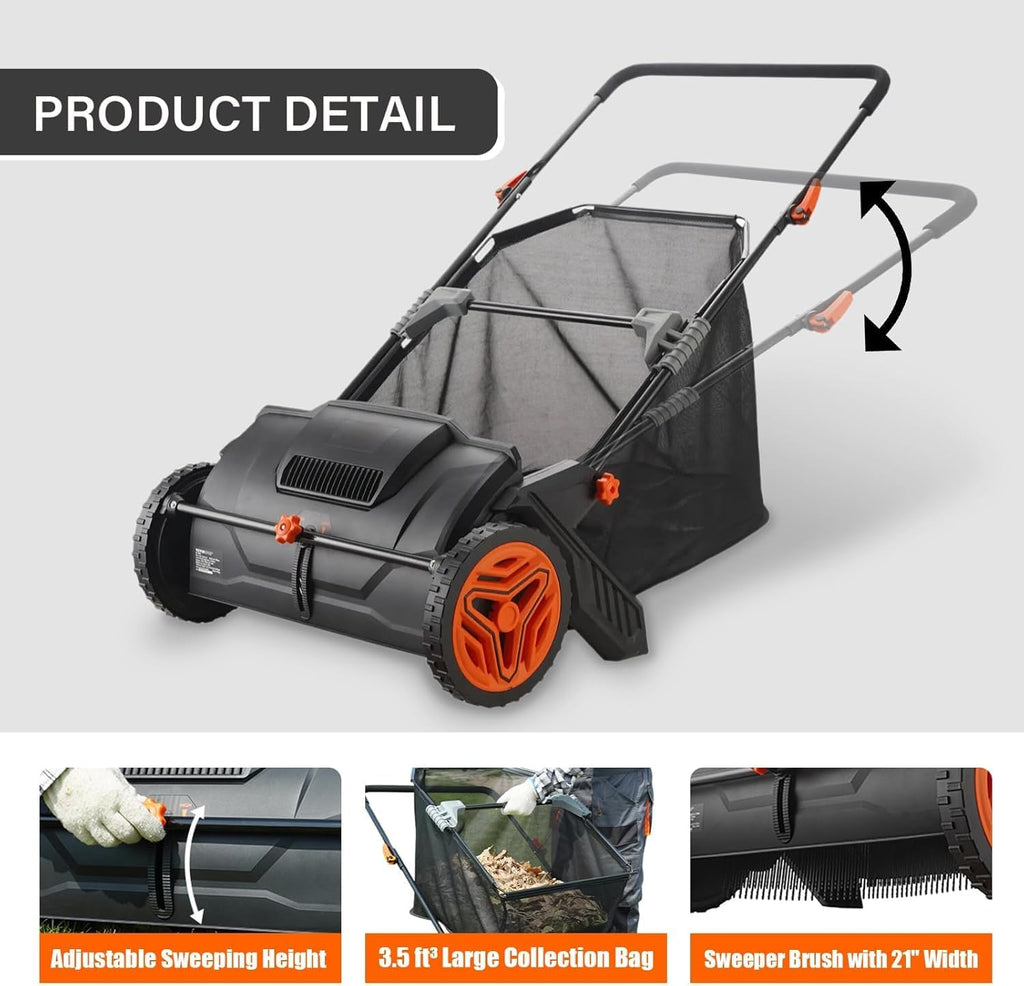 Push Lawn Sweeper, Leaf & Grass Collector with Strong Rubber Wheels & Heavy Duty Thickened Steel Durable to Use with 3.5 cu. ft. Large Mesh Collection Hopper Bag, 2 Spinning Brushes