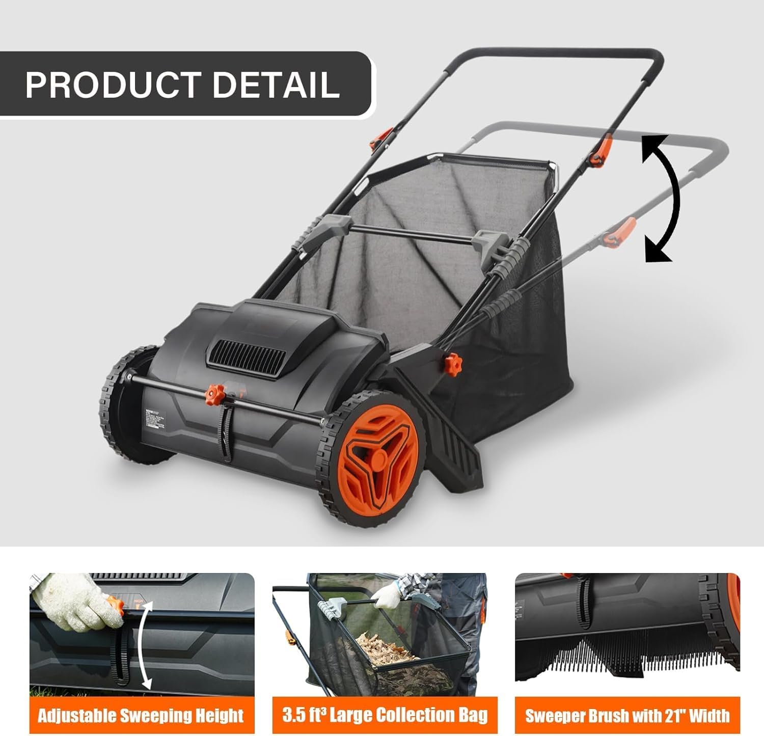 Push Lawn Sweeper, Leaf & Grass Collector with Strong Rubber Wheels & Heavy Duty Thickened Steel Durable to Use with 3.5 cu. ft. Large Mesh Collection Hopper Bag, 2 Spinning Brushes
