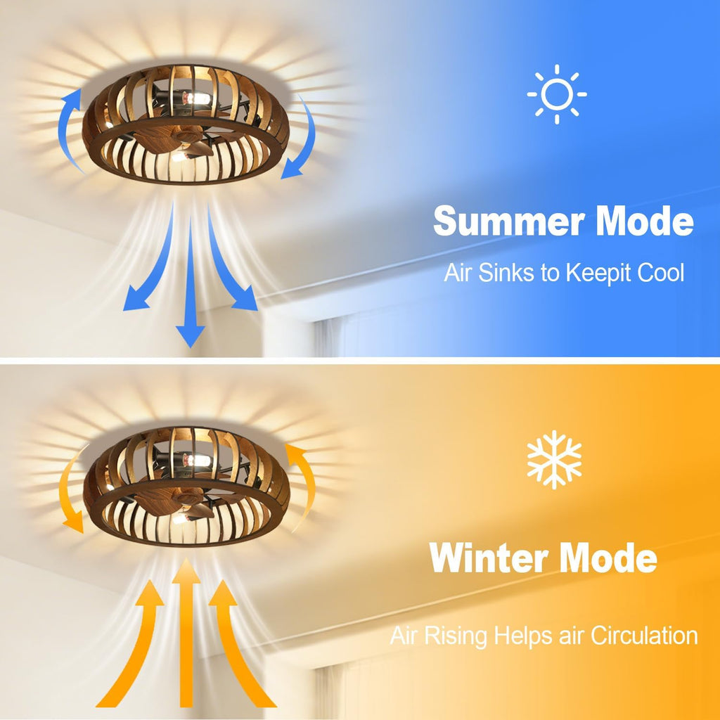 Wooden Ceiling Fans with Lights Flush Mount, 20 Inch Caged Low Profile Ceiling Fans with 3 Mode Lighting and Remote Control with E26 Bulbs for Bedroom, Nursery, Garage (Brown (Wood))