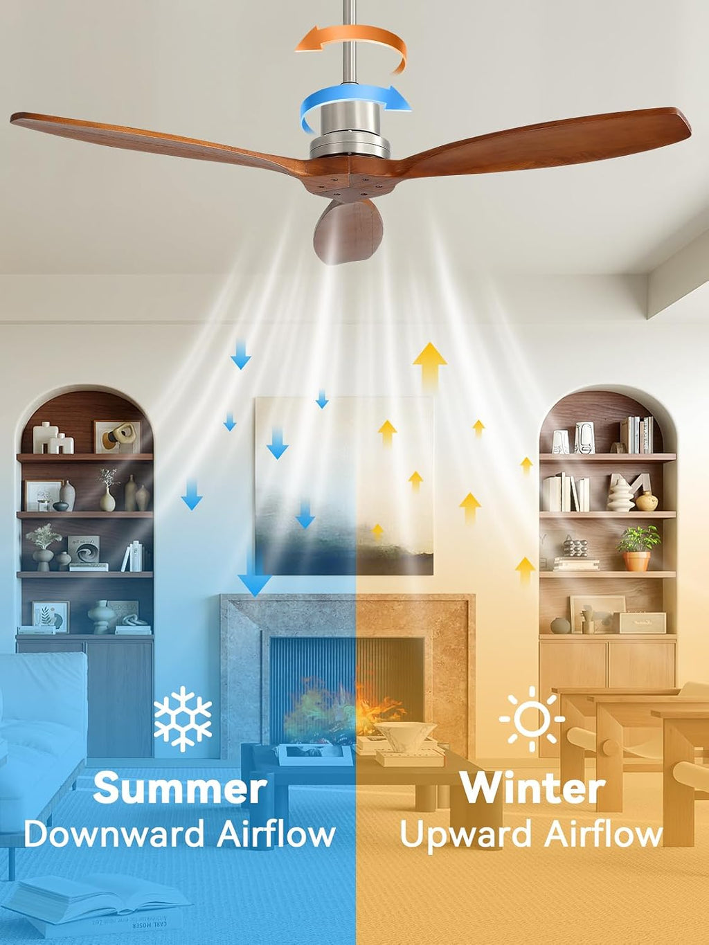 Sofucor Ceiling Fan no Lights, 52 Inch Modern Wood Ceiling Fan with Remote, for Indoor Bedroom Living Room Outdoor Patio Porch, Reversible DC Motor, Brown