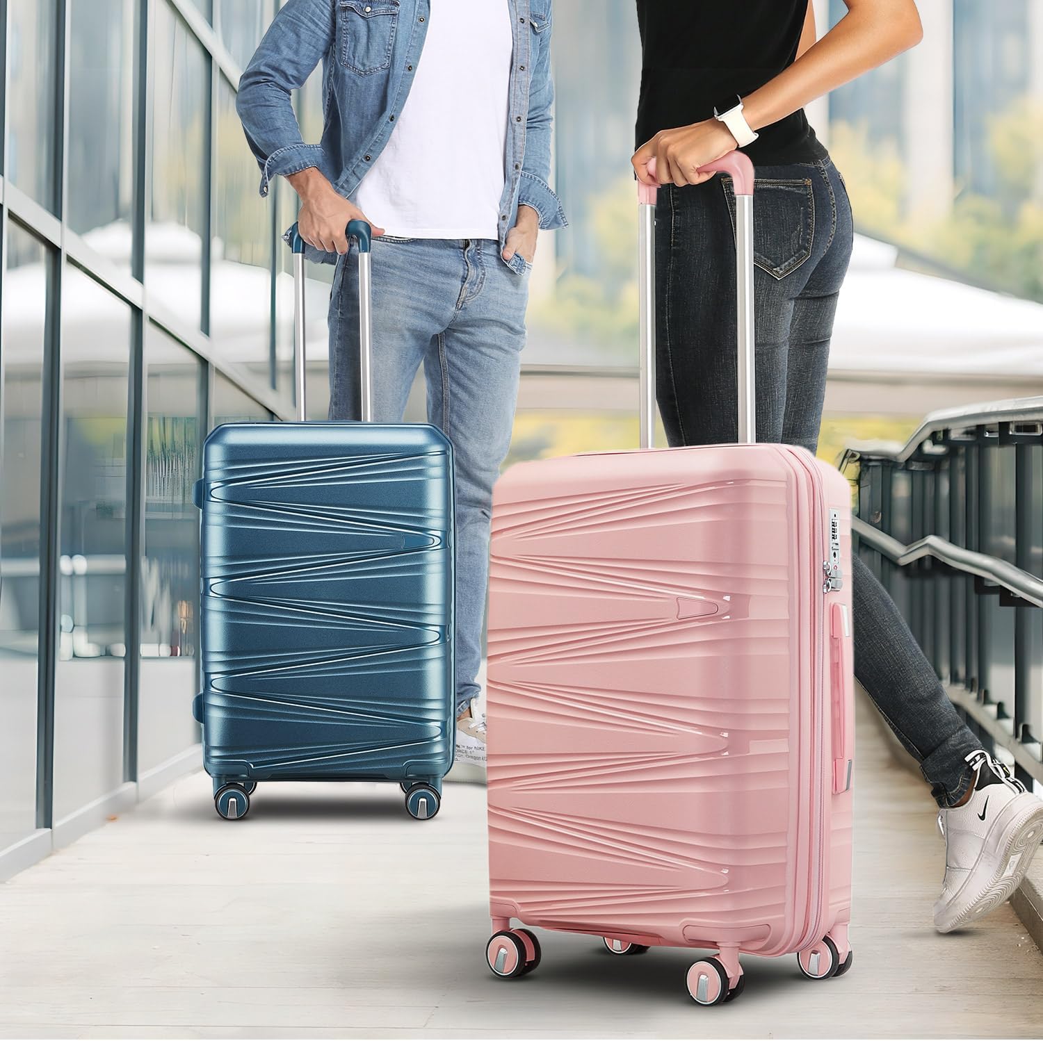 TRAVELEO 4 Piece Luggage Set PP Hardshell, Expandable Suitcase Set (20/24/28) with 14' Cosmetic Case, Lightweight Spinner Wheels with TSA Lock, Detachable Wheels for Nesting Storage (Peacock Blue)