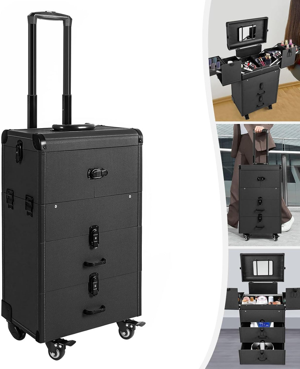 Professional Rolling Makeup Case Train Case Portable Cosmetic Organizer Trolley Lockable Rolling Make-ups Case Storage Cart Makeup Train Case Cosmetology Case On Wheels (Black|4 trays)