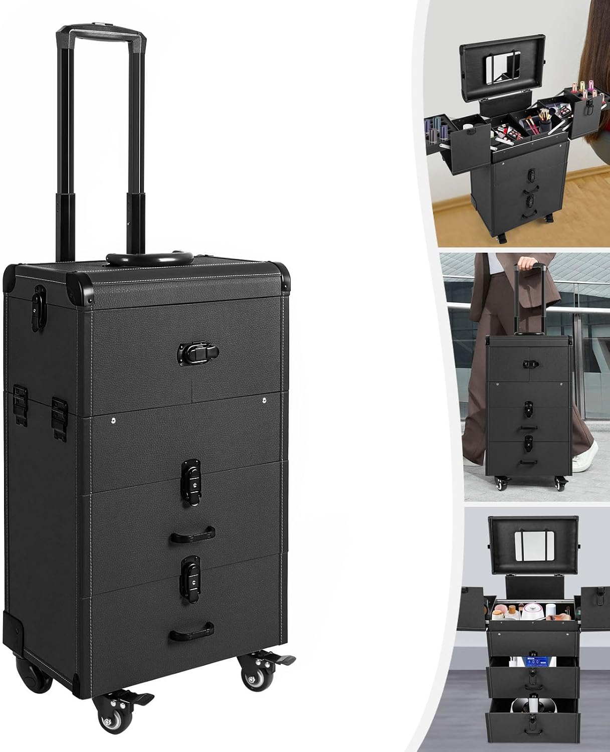 Professional Rolling Makeup Case Train Case Portable Cosmetic Organizer Trolley Lockable Rolling Make-ups Case Storage Cart Makeup Train Case Cosmetology Case On Wheels (Black|4 trays)