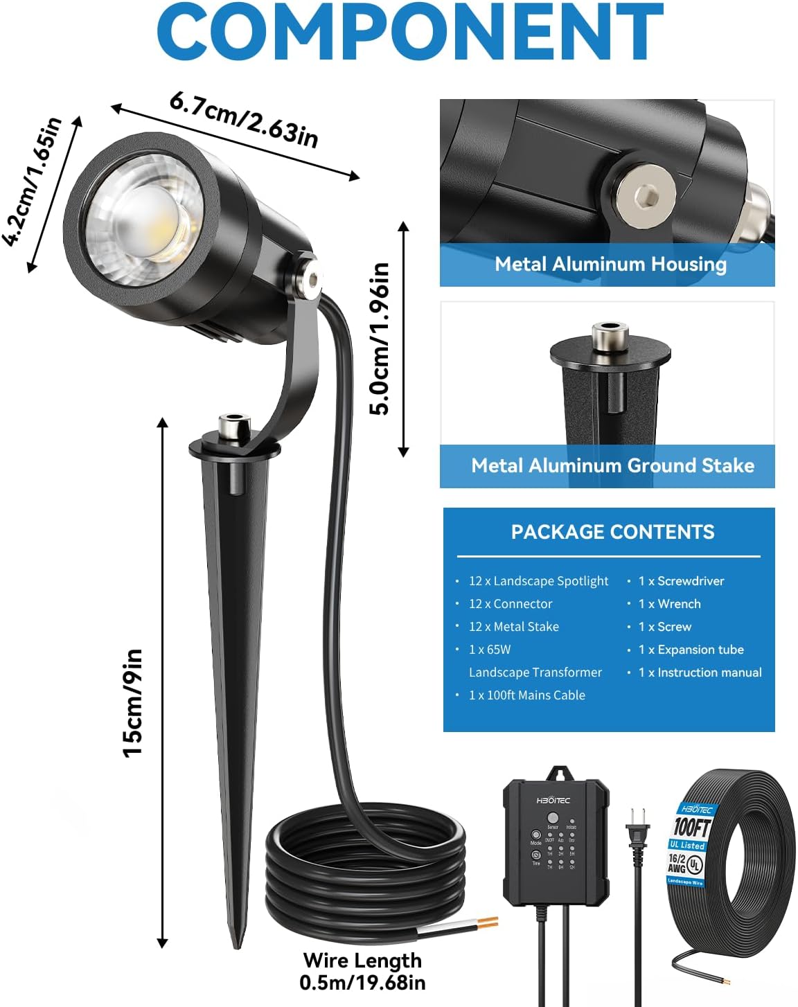 HIBOITEC All-in-One 5W Low Voltage Landscape Lights, 12 Pack LED Landscape Lighting Kit with Transformer, 100FT Wires and Connectors, Waterproof Outdoor Spot Lights for House Yard Trees Garden, 5000K