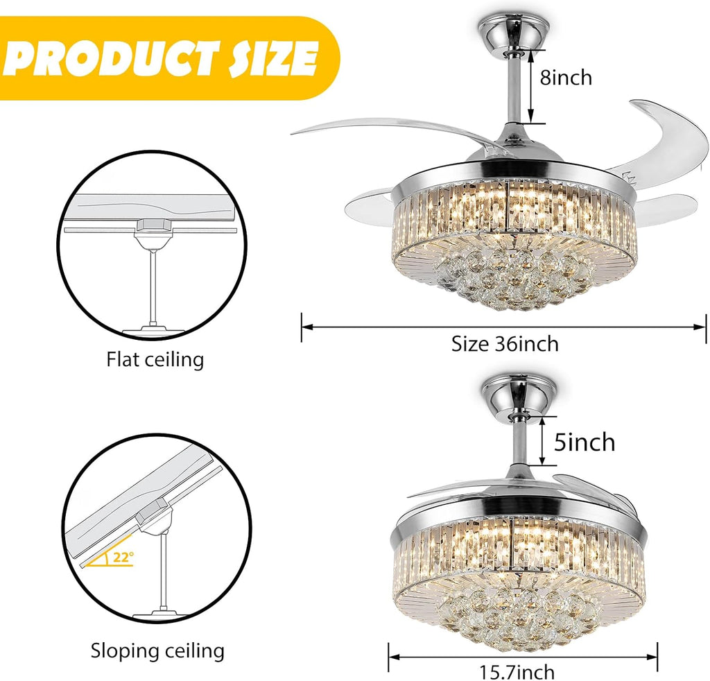 36' Invisible Ceiling Fan Chandelier Light,Modern Crystal Ceiling Fan Light Remote Control 4 Retractable ABS Blades for Bedroom Living Room Dining Room Decoration (Silver)