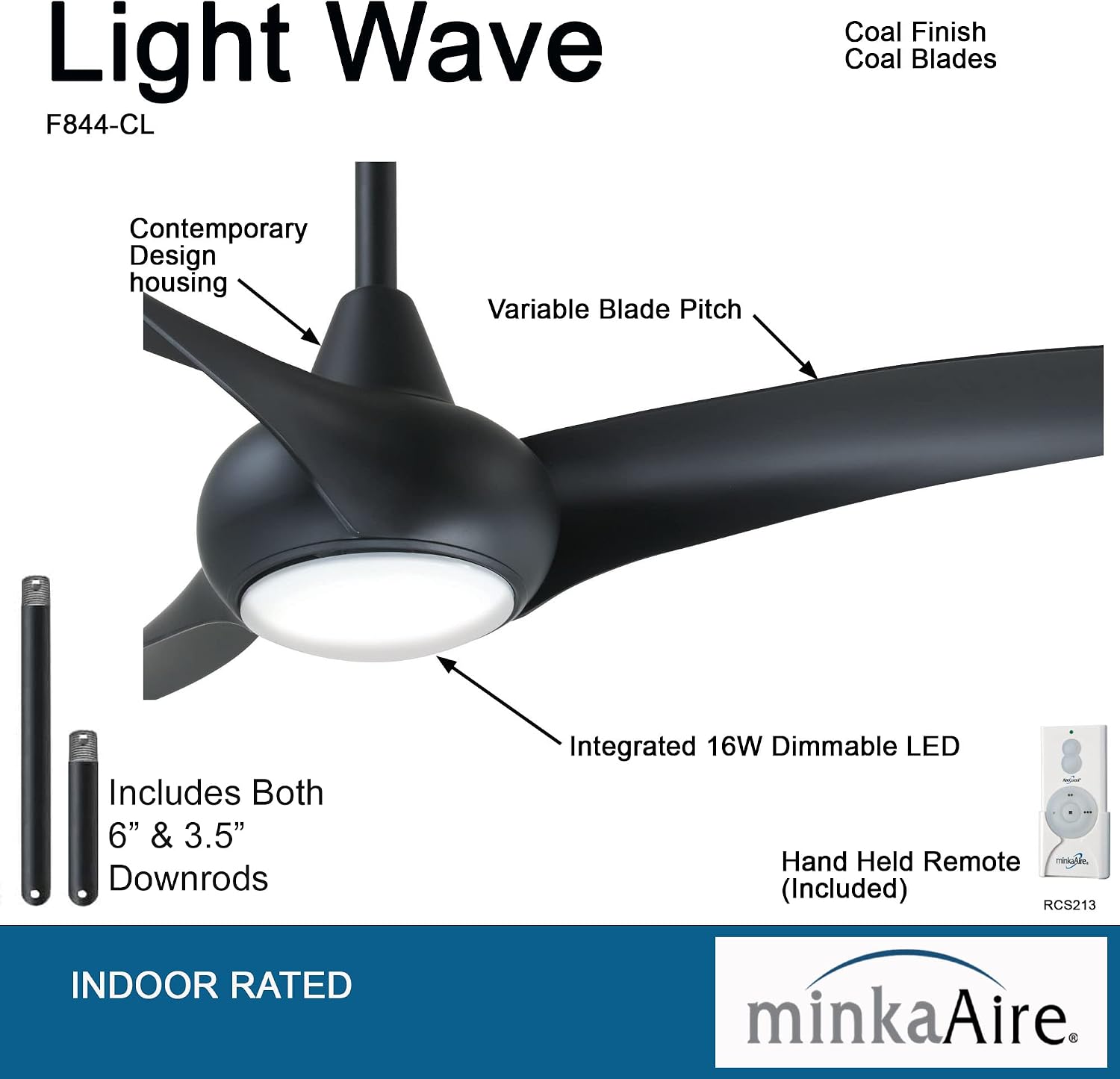Minka Aire F844-CL Light Wave LED 52' Black Low Profile Ceiling Fan with Light, Remote Control and 3.5 Inch Downrod