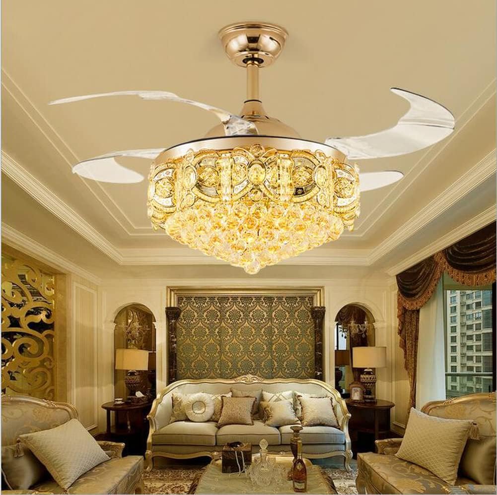 Crystal Fandelier Ceiling Fan with Light, Modern Retractable Crystal Chandeliers Ceiling Fan, Chandelier Fan with 3 Color Change for Dining Room Bedroom (Rose Gold)