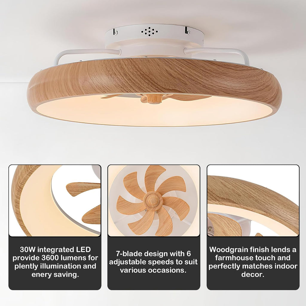 Low Profile Ceiling Fans with Lights, Dimmable Smart RGB Ceiling Fan with Alexa/Google Assistant/App/Remote Control, 6-Speeds Reversible Woodgrain LED Ceiling Fan for Bedroom Kitchen Foyer