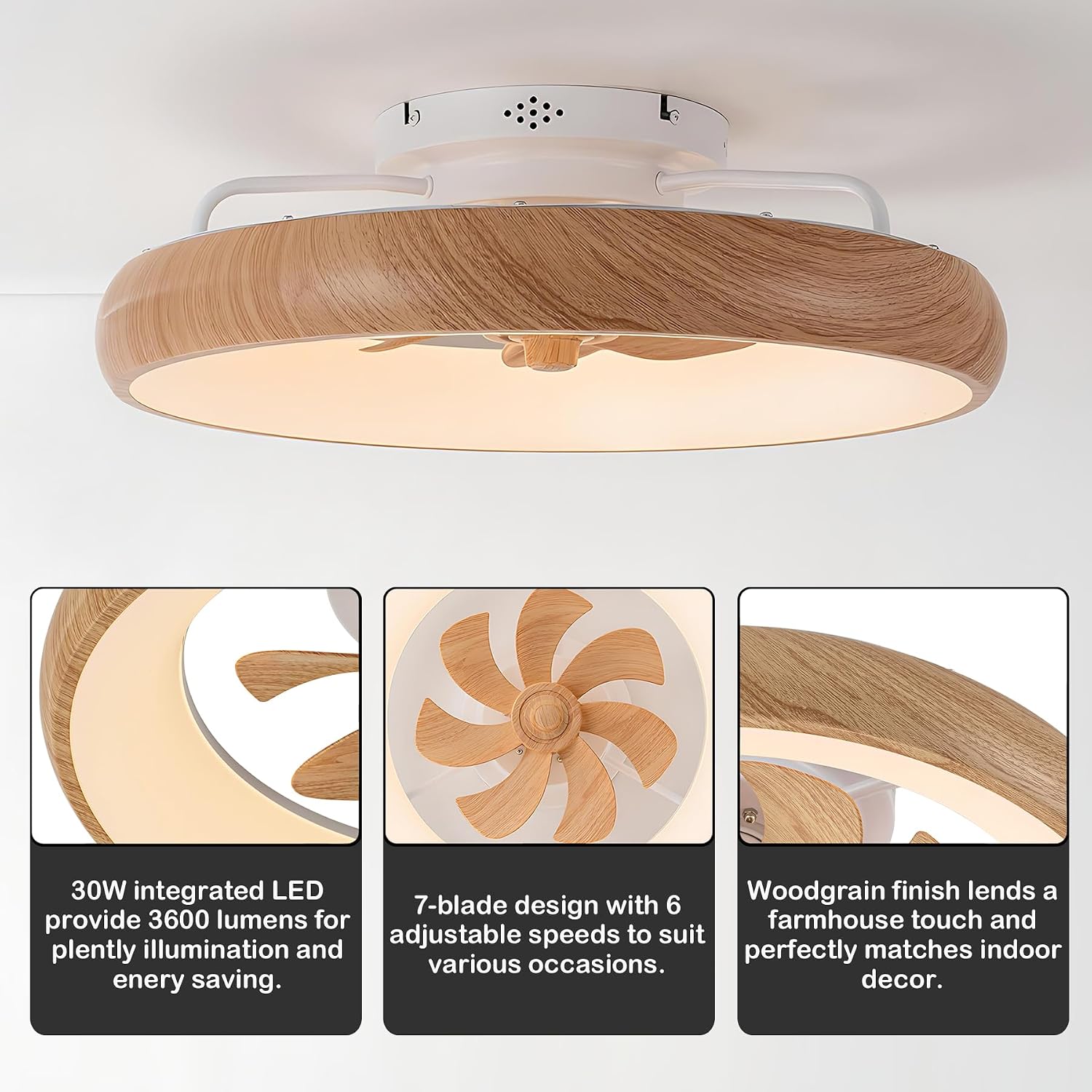 Low Profile Ceiling Fans with Lights, Dimmable Smart RGB Ceiling Fan with Alexa/Google Assistant/App/Remote Control, 6-Speeds Reversible Woodgrain LED Ceiling Fan for Bedroom Kitchen Foyer