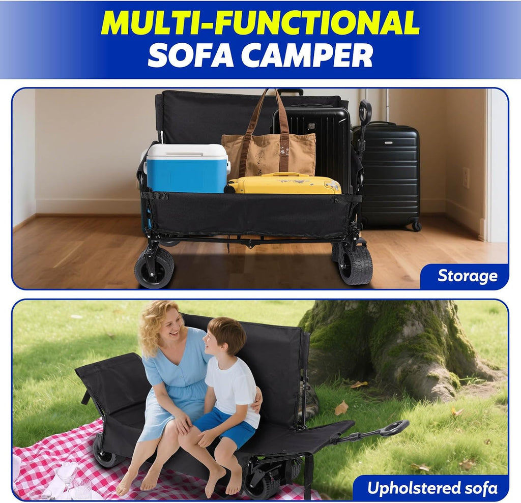 Portable Collapsible Folding Wagon, 550LBS Heavy Duty Utility Carts,Reclining Camper, Expandable Storage, Padded and Wheeled, All Terrain Wheels, Great for Camping, Outdoors, Shopping (Black)