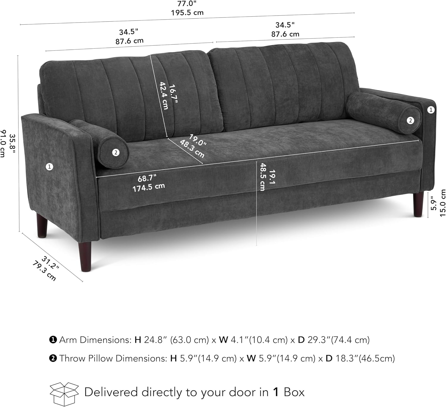 Bush Home 77-inch Sofa, Living Room Furniture, Max Collection, Iron Gray Chenille Fabric