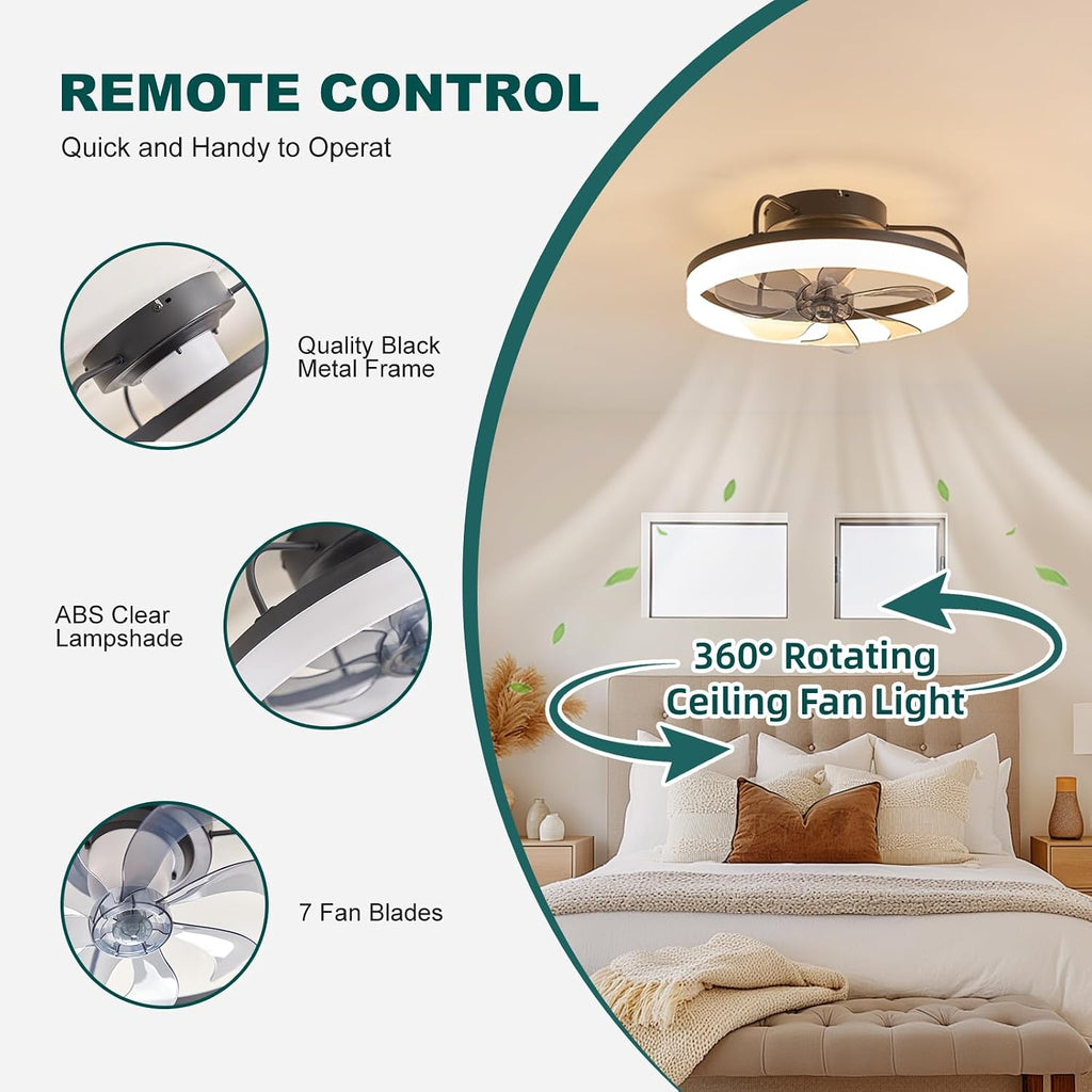 360° Rotating Ceiling Fan with Lights and Remote, 19.7' Low Profile Ceiling Fans 6 Wind Speeds, Modern Smart Dimmable LED Fandelier for Bedroom, Kids Room
