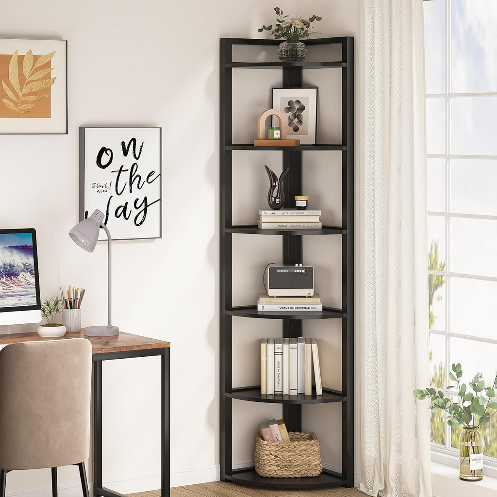 Tribesigns 6 Tier Corner Shelf, 70.9 Inch Tall Corner Bookshelf Small Bookcase Modern Corner Shelving Unit Storage Rack for Living Room, Home Office, Kitchen, Small Space (Black)