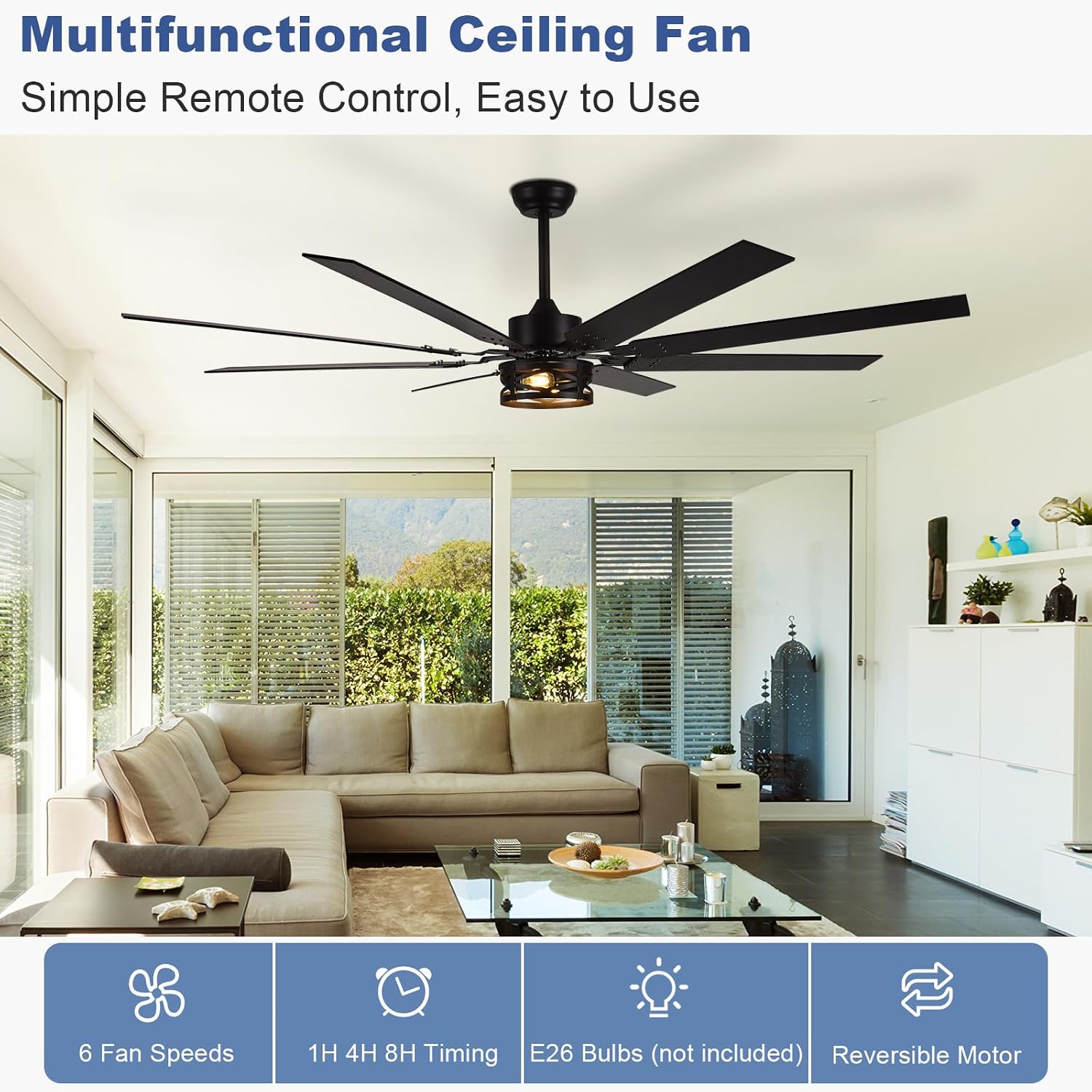 Depuley 72-Inch Ceiling Fans with Lights: Large Ceiling Fans Dual Finish 8 Blades - Rustic Ceiling Fan with Remote Control for Farmhouse Living Room Outdoor Porch Noiseless (Black Walnut)