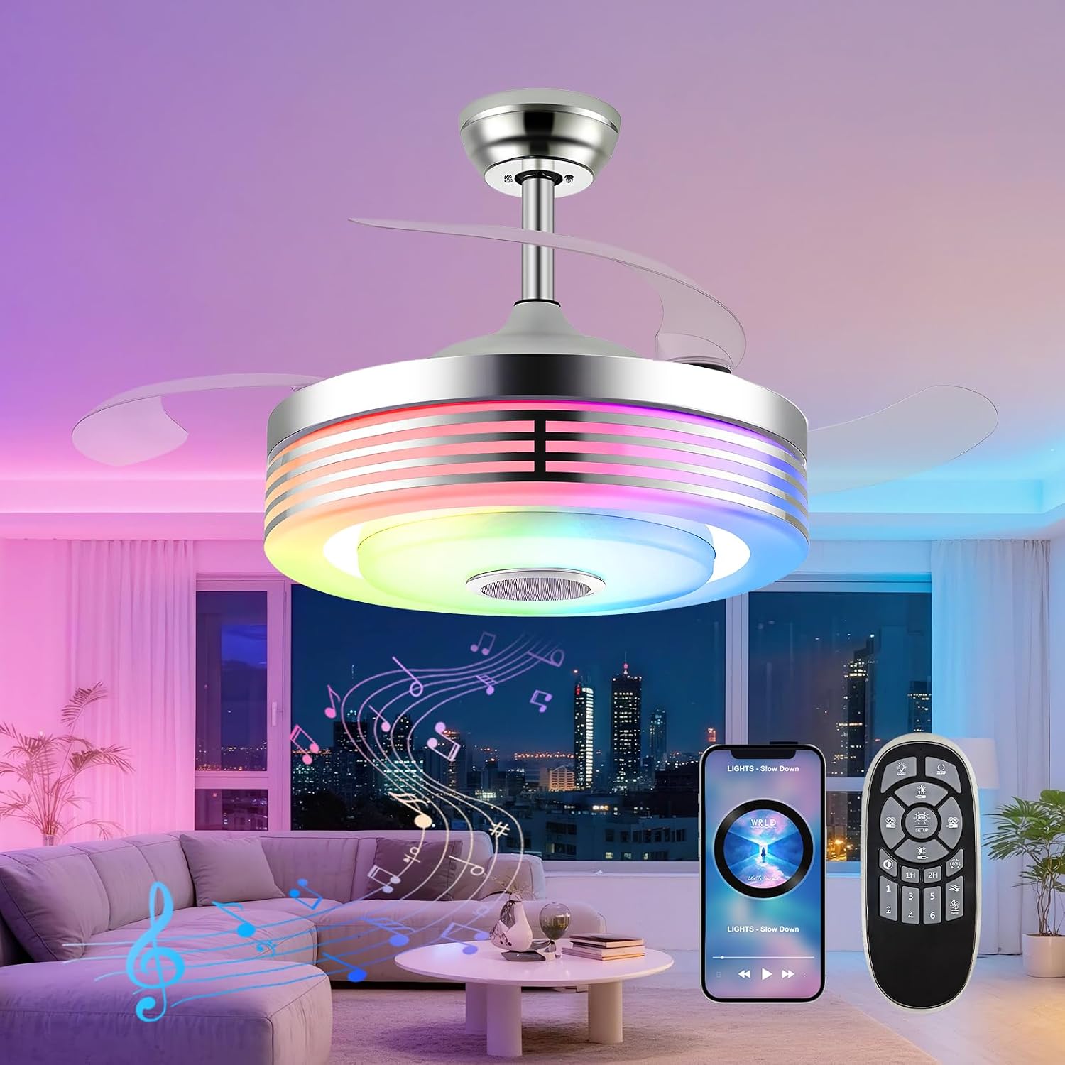 42' Modern RGB Ceiling Fan with Lights and Bluetooth Music Speaker,Color Change Motor Retractable Fandelier Ceiling Fan with Light and APP/Remote,6 Speed Silent Chandelier Fan for Bedroom Living Room
