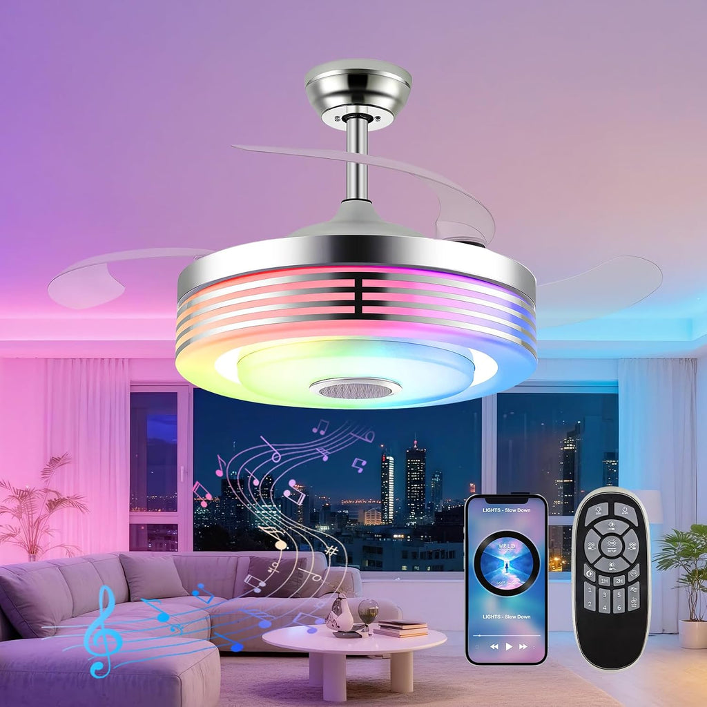 48 Inch Fandelier Ceiling Fan with Light and APP/Remote,Bluetooth RGB Ceiling Fan with Music Speaker,3 Retractable Blades 6 Speed Chandelier Fan for Bedroom Living Room Dining Room