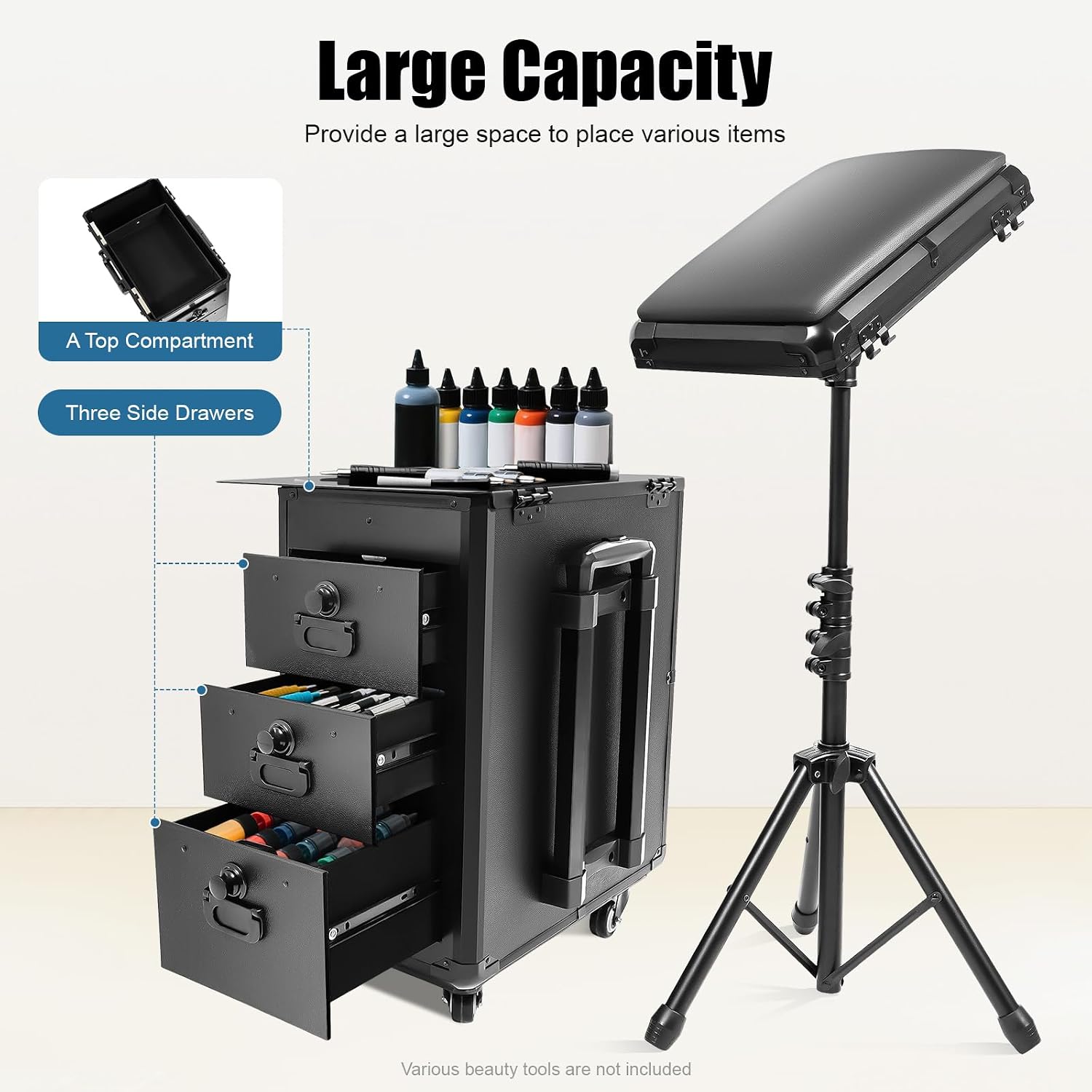 2 in 1 Tattoo Work Station - Manicure Embroidery Hairdressing Travel Case, Beauty Salon Station Suitcase With Lock, Rolling Makeup Trolley With Armrest Stand (Metal)