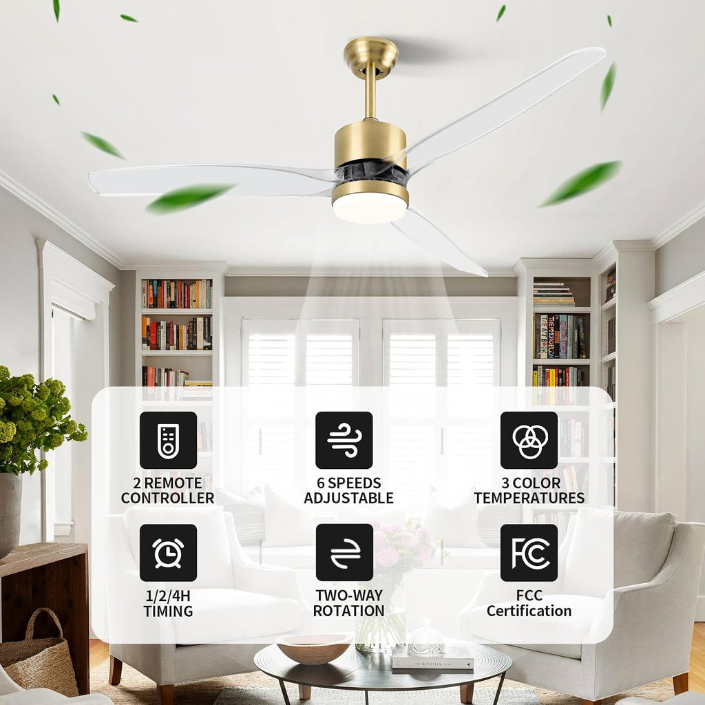 OKELI Clear Ceiling Fan with Light, 52 Inch Gold Transparent Ceiling Fans with Light and Remote 3 Reversible Blade LED Ceiling Fan and Light Combo for Living Room, Bedroom, Patio