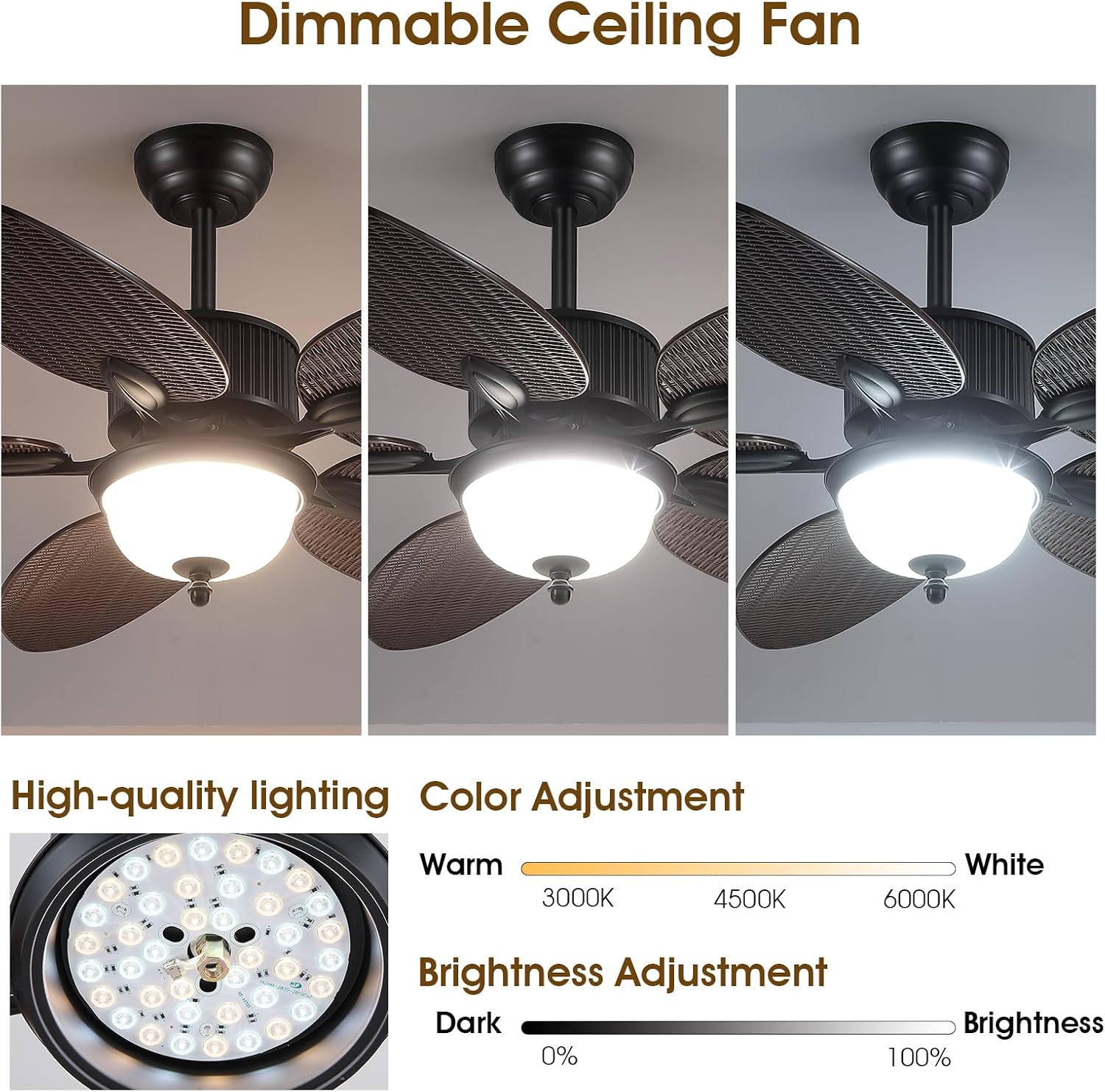 Wiviniya 50 Inch Tropical Ceiling Fans with Lights, Palm Leaf Waterproof Outdoor Ceiling Fan for Patios Porch, Remote/APP Control, Wet Rated, Glass Lampshade, Quiet DC Motor, Dimmable LED, Dark Brown