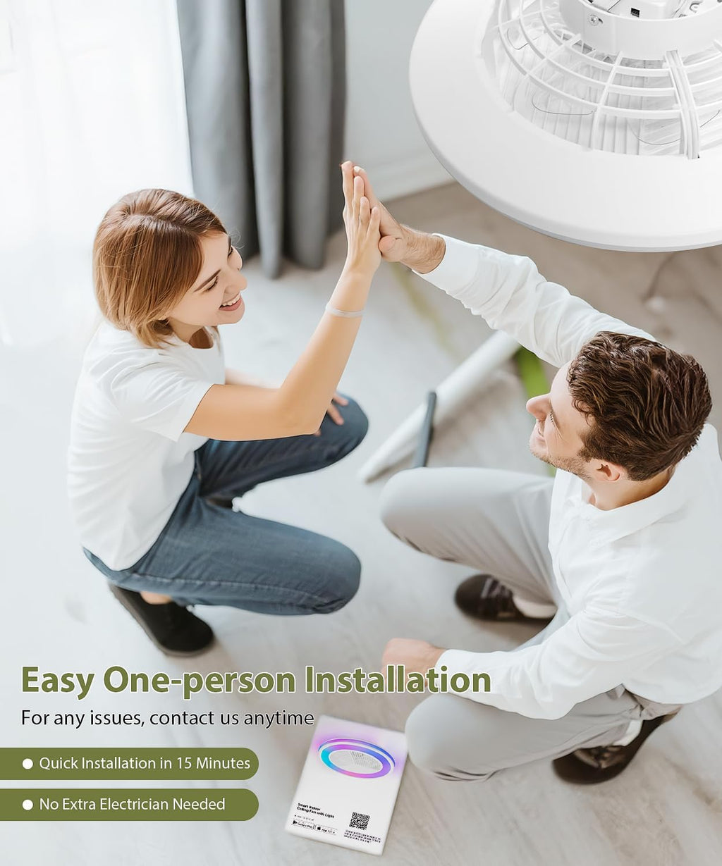 2-in-1 Low Profile Ceiling Fan with Light, 20.1' Caged Safety Design for Kids - RGB Color, Smart APP/Remote Control, Quiet Flush Mount DC Motor, Triangle, Ideal for Bedroom/Living Room/Kitchen, White
