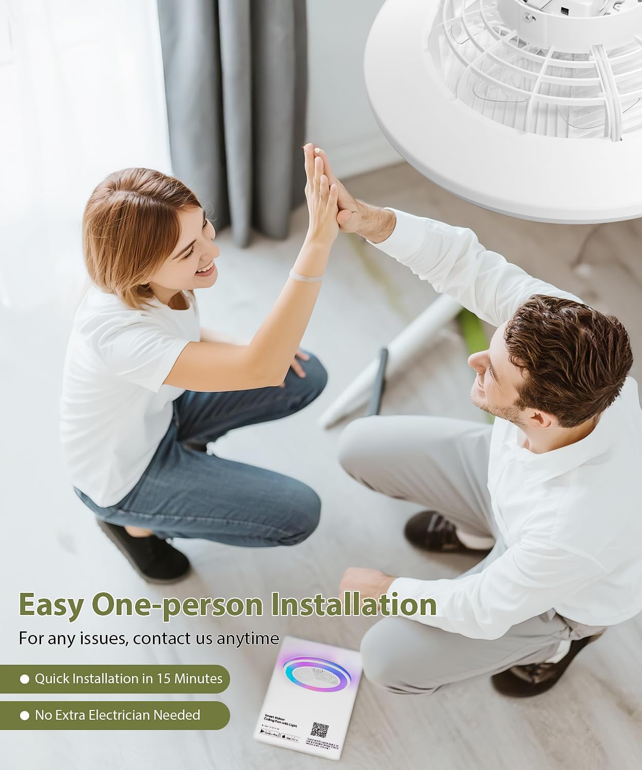 2-in-1 Low Profile Ceiling Fan with Light, 20.1' Caged Safety Design for Kids - RGB Color, Smart APP/Remote Control, Quiet Flush Mount DC Motor, Triangle, Ideal for Bedroom/Living Room/Kitchen, White
