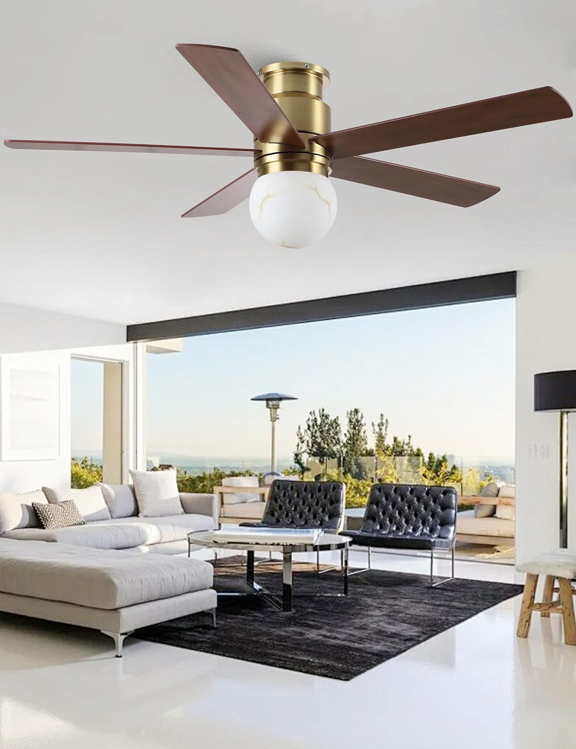 Gold Ceiling Fans with Lights and Remote, 52 Inch Low Profile Ceiling Fan with Light for Bedroom, Flush Mount Ceiling Fan for Living Room Indoor Outdoor, 6-Speed Reversible DC Motor, Dimmable LED 3CCT