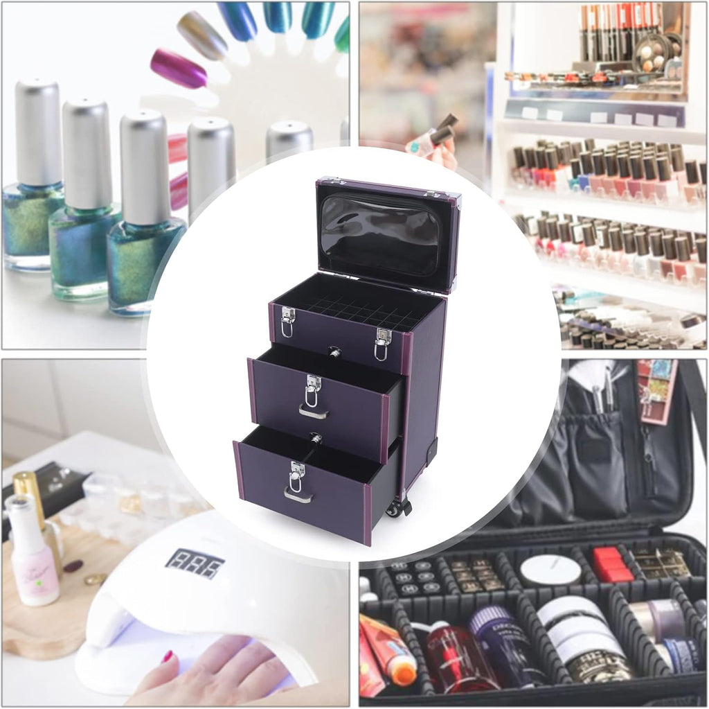 Professional Rolling Makeup Case Train Case Cosmetic Organizer Trolley Lockable Rolling Make-ups Case Storage Cart Makeup Train Case Cosmetology Case On Wheels (Purple|3 trays|Type C)