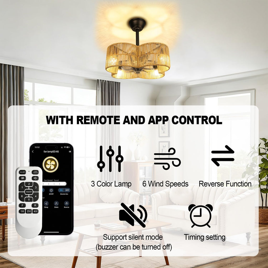 Ceiling Fans with Lights Flush Mount, 20 Inch Caged Low Profile Ceiling Fans with 3 Mode Lighting and Remote Control with E26 Bulbs for Bedroom, Nursery, Garage (Four-Leaf Clover)
