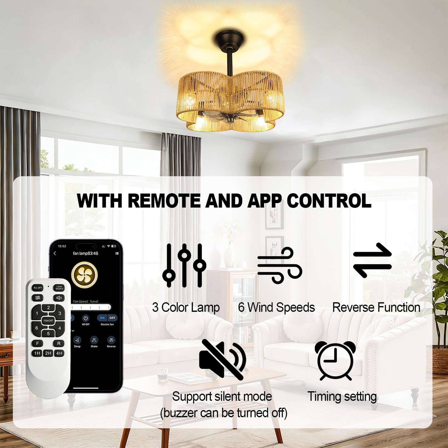 Ceiling Fans with Lights Flush Mount, 20 Inch Caged Low Profile Ceiling Fans with 3 Mode Lighting and Remote Control with E26 Bulbs for Bedroom, Nursery, Garage (Four-Leaf Clover)