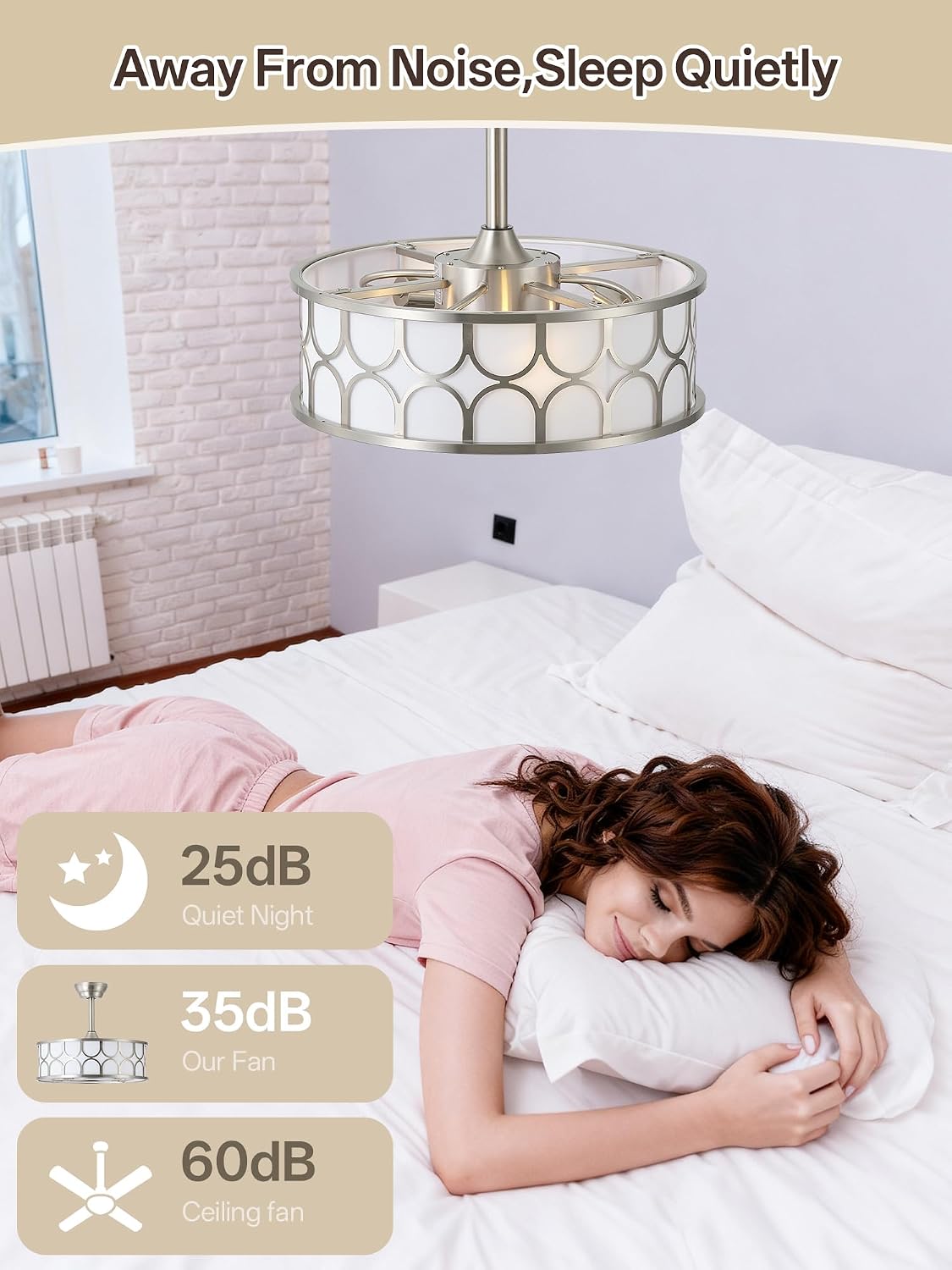 20' Sliver Boho Fandelier Ceiling Fans with Lights, Caged Bladeless Ceiling Fan with Light Remote Control. Chandelier with 6 Speeds for Bedroom, Nursery, Living room.