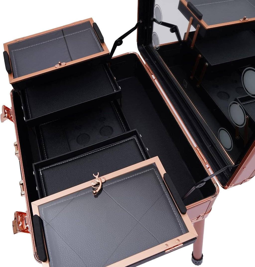 3-Tiers Rolling Makeup Train Case, Professional Makeup Train Case With Wheels Trolley Salon Barber Cosmetic Train Trolley w/LED LIght & Keys & Mirror for Make Up Hairstylists Nail Tech (Rose Gold)