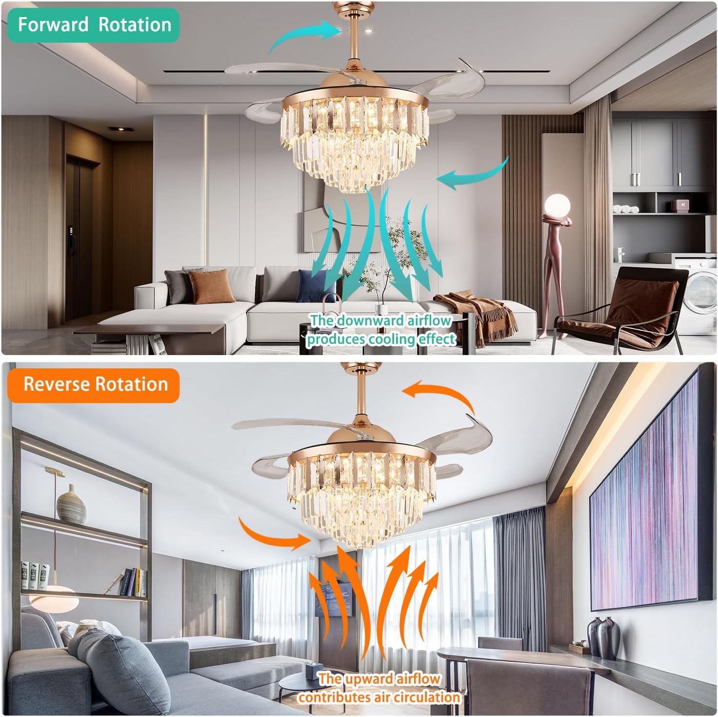 48' Dimmable Gold Fandelier Crystal LED Ceiling Fans with Lights and Remote Modern Retractable Blade Ceiling Lighting Fan Kit for Bedroom Dinning Room Living Room