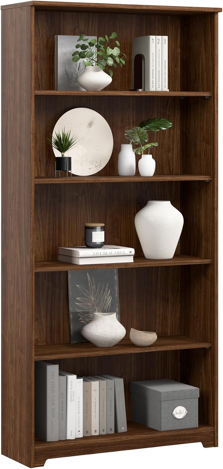Bush Furniture Tall 5 Shelf Bookcase, Large Open Bookshelf, Sturdy Display Cabinet for Living Room or Home Office, Cabot Collection, Modern Walnut