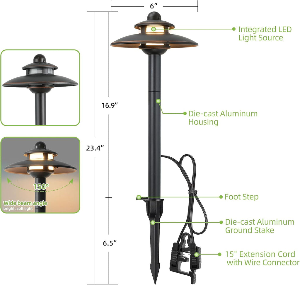 Low Voltage Landscape Pathway Lights, 3CCT Adjustable (2700K/3000K/4000K) 12V-15V LED Landscape Lighting, Oil Rubbed Bronze Aluminum Housing, Waterproof Outdoor Path Lights for Yard, Garden, 6 Pack