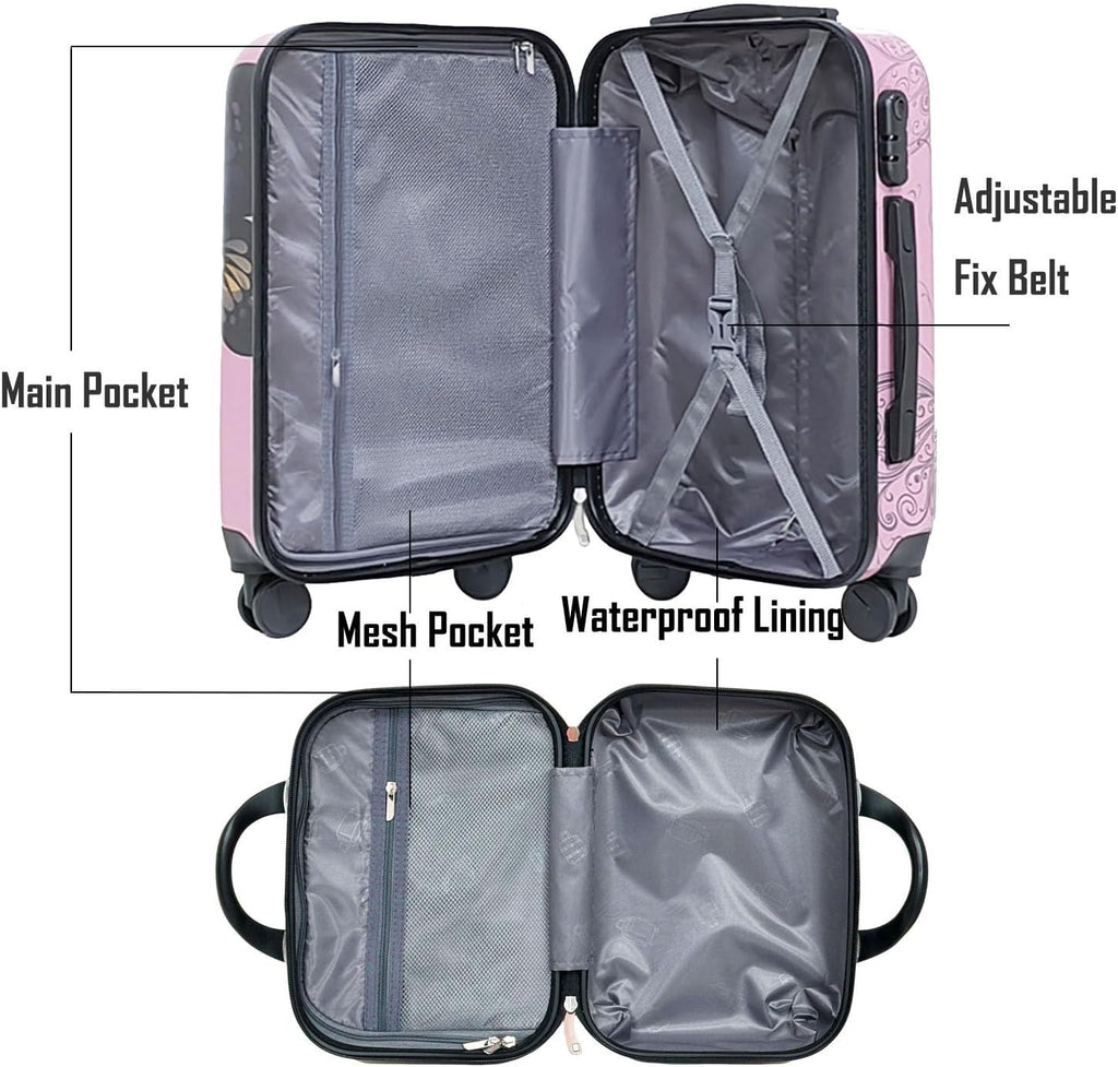 Pink Butterfly 4-Piece Luggage Set, Hard Shell ABS+PC with 360° Spinner Wheels, Combination Lock, Glossy Scratch-Resistant Surface & Waterproof Interior (20/24/28'+14' Bag)