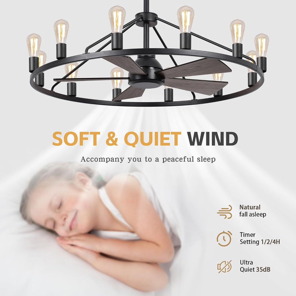 She's home 43' Black Wagon Wheel Chandelier Fan with Light, 12-Lights Large Round Candle Farmhouse Fandelier Ceiling Fan with Light Fixture for Living Room, Dining Room, Height Adjustable