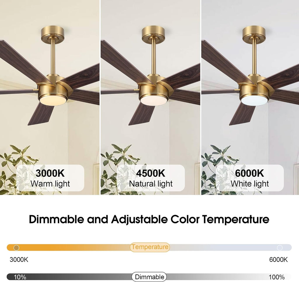 ELEHINSER 54' Ceiling Fan with Light and Remote Control, Modern Dimmable LED Light, 6-Speed Noiseless Reversible DC Motor, 5 Plywood Ceiling Fan for Kitchen Bedroom Living Room NAB Gold/Walnut
