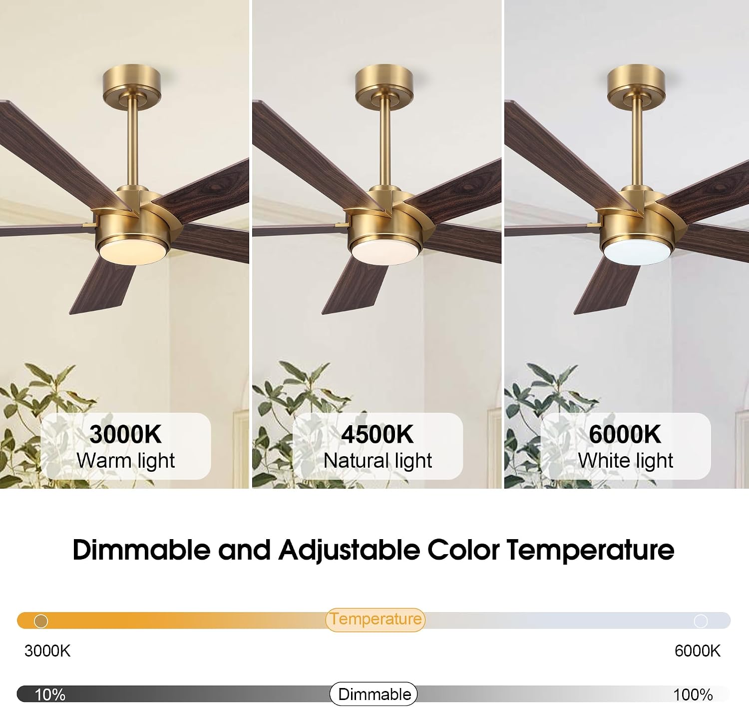 ELEHINSER 54' Ceiling Fan with Light and Remote Control, Modern Dimmable LED Light, 6-Speed Noiseless Reversible DC Motor, 5 Plywood Ceiling Fan for Kitchen Bedroom Living Room NAB Gold/Walnut