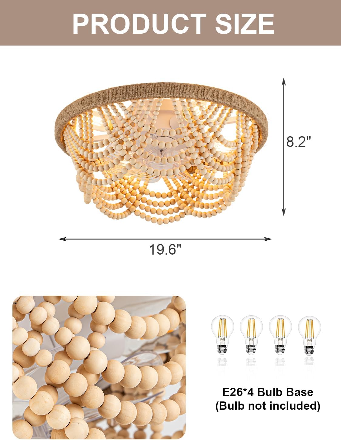20'' Boho Fandelier Ceiling Fan with Lights Remote Control Flush Mount Chandelier Ceiling Fan for Bedroom Wood Beaded Coastal Chandelier Light for Living Room, 6 Speeds Reversible Quiet