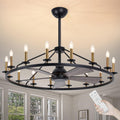 44' Black+Gold Wagon Wheel Chandelier with Fans, Farmhouse Ceiling Fan with 16-Lights and Remote, Adjustable Height, Rustic Chandelier for Living Room Bedroom, 6-Speed Reversible Large Fandelier