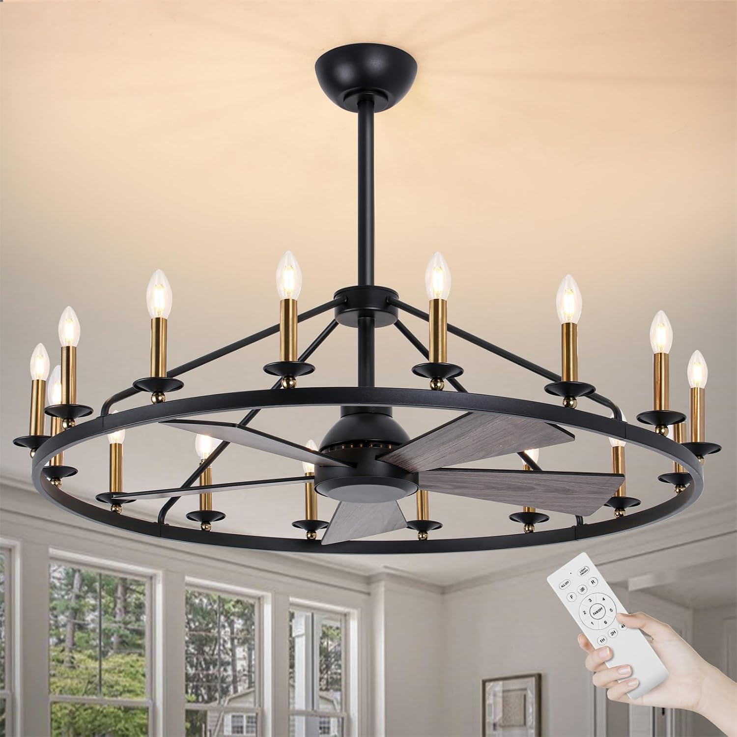 44' Black+Gold Wagon Wheel Chandelier with Fans, Farmhouse Ceiling Fan with 16-Lights and Remote, Adjustable Height, Rustic Chandelier for Living Room Bedroom, 6-Speed Reversible Large Fandelier