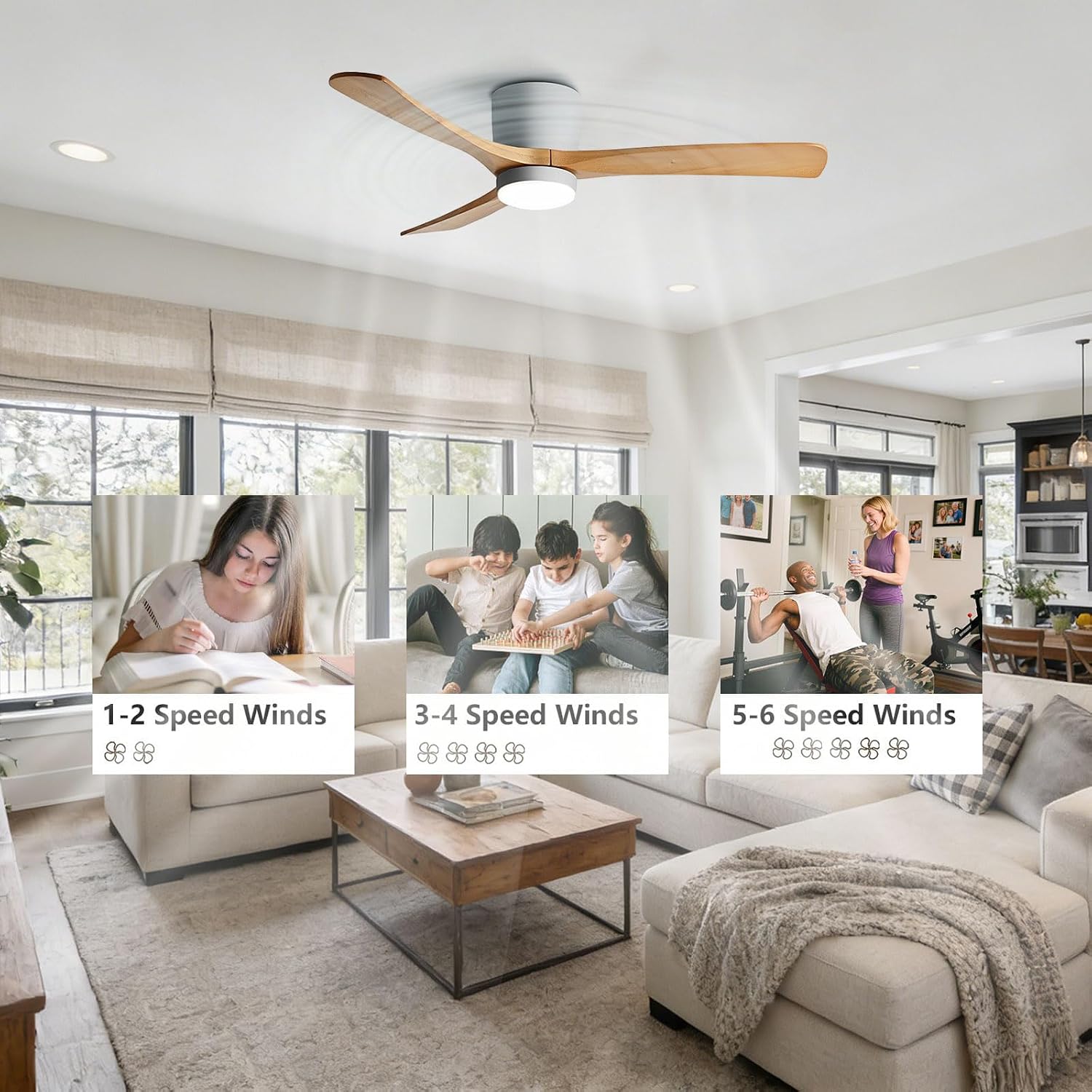 56in Quiet Ceiling Fans with Lights Modern Remote Ceiling Fan Light 6 Gear Wind Speed Ceiling Fans Grey 28W LED Ceiling Lights Wooden Blades for Living Room Dining Room Bedroom