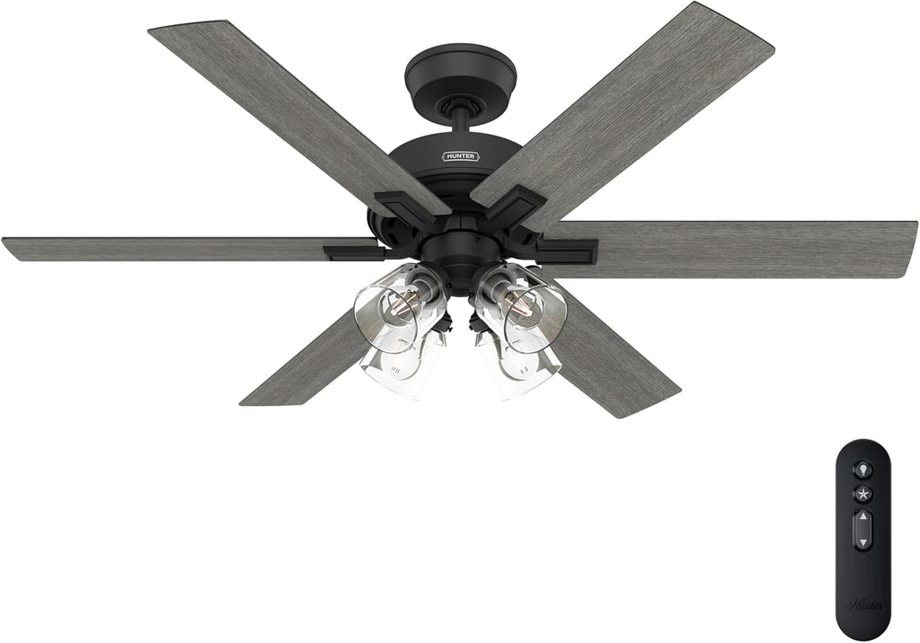 Hunter Fan 52 Inch Matte Black Indoor Ceiling fan with Light and Remote for Bedroom, Living Room, Office, Kitchen (Renewed)