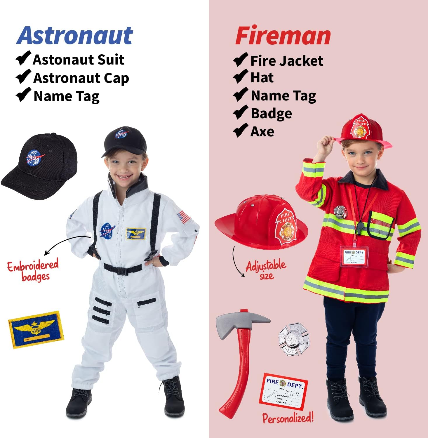 Born Toys 6-in-1 Kids' Dress Up & Pretend Play - Kids Costumes for Boys & Girls Ages 3-7 (Firefighter, Astronaut, Scientist, Construction, Pirate, Office Set and Gardening)
