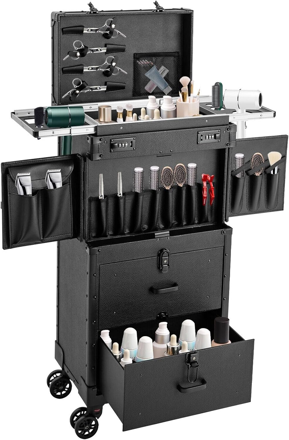 Rolling Makeup Case, Cosmetic Organizer Trolley Train Case with Keys, Large Storage Swivel Wheels Salon Barber Traveling Trunk for Make Up Hairstylists Nail Tech (Black with 4Keys)
